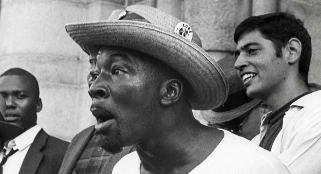 Ivory Perry addressing a crowd at a civil rights demonstration in front of St. Louis police headquarters on September 16, 1965. Photograph by Buel White, © St. Louis Post-Dispatch. [Missouri Historical Society, St. Louis, St. Louis Post-Dispatch Collection, N22497]