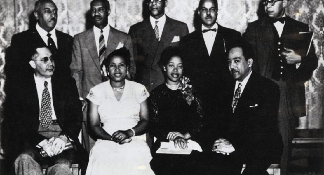 Melvin Tolson (back row, second from left) with other poets at the Jackson State College festival in 1945. Also pictured are Sterling Allen Brown, Ruth Roseman Dease, Margaret Walker, and Langston Hughes (front row), and Arna Wendell Bontemps, Jackson State College president Jacob L. Reddix, Owen Dodson, and Robert C. Hayden (back row). [New York Public Library Digital Collections, Portrait Collection, 710248]