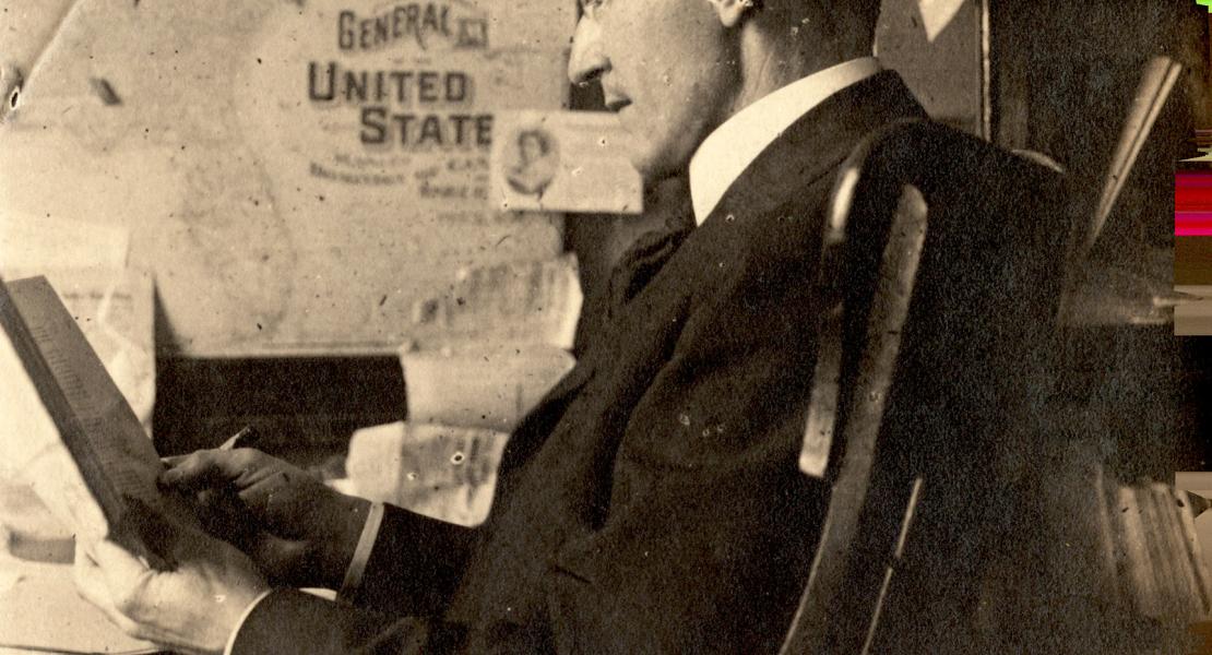 O’Hare in the offices of the National Rip-Saw, circa 1915. [Missouri Historical Society, St. Louis]