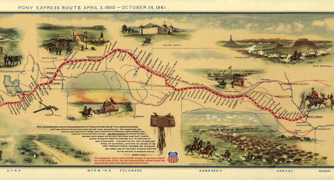 This pictorial map was published in 1960 on the centennial of the Pony Express. [Library of Congress, Geography and Map Division, 2004629238]