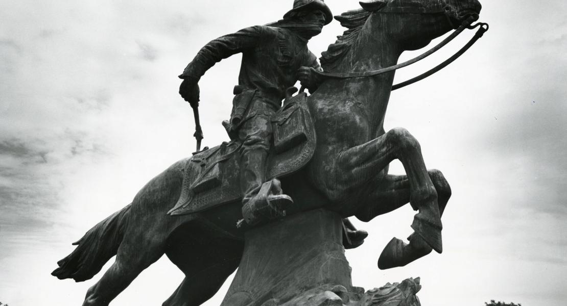The monument to the Pony Express in St. Joseph. [State Historical Society of Missouri, Ralph Walker Photographs Collection, P0108-001558]