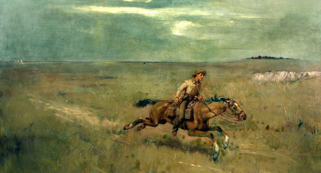 A depiction of a Pony Express mail carrier. Painting by Lloyd Branson, 1904. [Smithsonian Institution, National Postal Museum, 0.052985.346]
