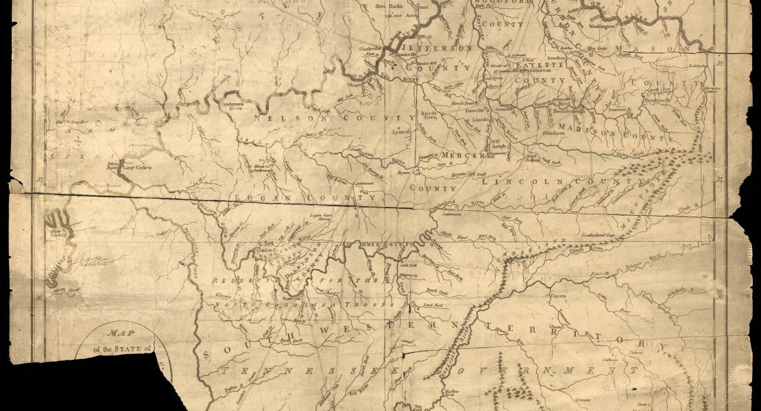 This 1795 map of Kentucky shows the roads, counties, stations, settlements, and springs that would have been familiar to Daniel Boone, including the settlement he founded, Boonesborough, at upper right. [Tennessee State Library and Archives, image no. 42900]