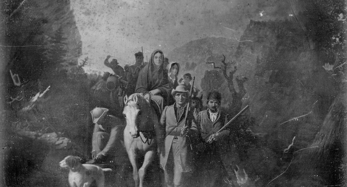 This daguerreotype of George Caleb Bingham’s painting Daniel Boone Passing Through the Cumberland Gap (1851–1852) depicts the famous frontiersman leading his family and settlers through the Cumberland Gap at the junction of Virginia, Kentucky, and Tennessee. [Missouri Historical Society, St. Louis, Photographs and Prints, Easterly Daguerreotypes Collection, N17172]