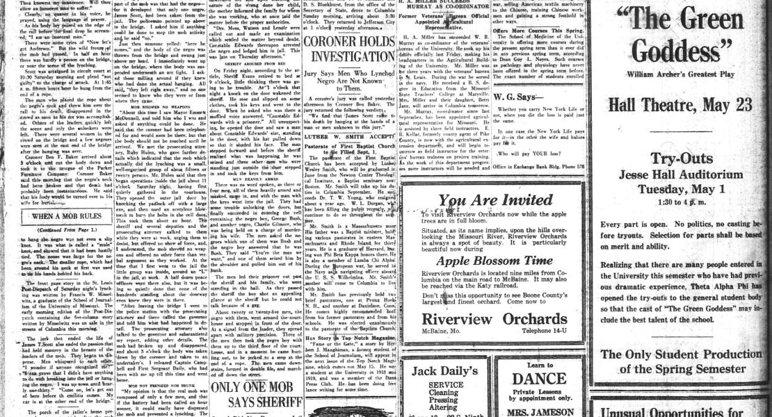 Page 2 of the April 30, 1923, Columbia Evening Missourian, with continued coverage of the lynching. [State Historical Society of Missouri Newspaper Collection]
