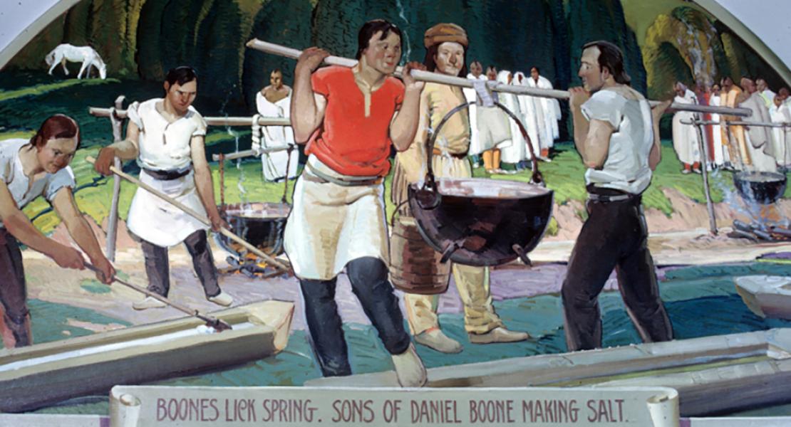 This lunette in the Missouri State Capitol, painted by Victor Higgins, depicts the sons of Daniel Boone manufacturing salt at Boone’s Lick in central Missouri. [Missouri State Archives, Ken Raveill Collection, MS386, 004-030]