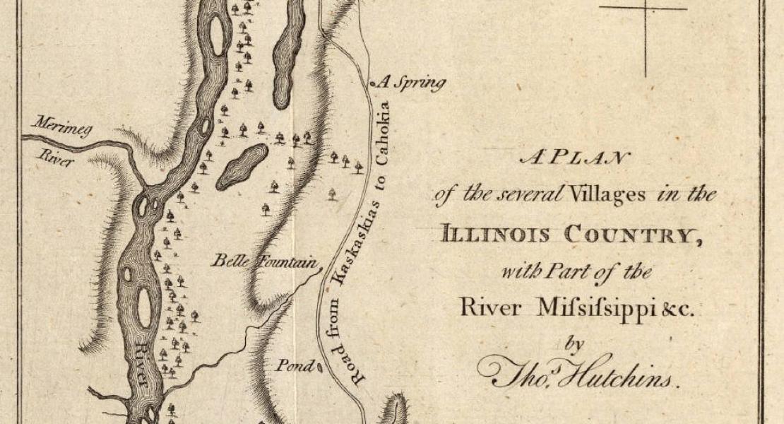 This eighteenth-century map shows the mouth of the River Des Peres (unnamed, below St. Louis) and the Kaskaskia village to the south on the opposite side of the Mississippi, where the River Des Peres mission resettled after abandoning the site in what is now south St. Louis. [Frederick Charles Hicks, ed., A Topographical Description of Virginia, Pennsylvania, Maryland and North Carolina, 1778]