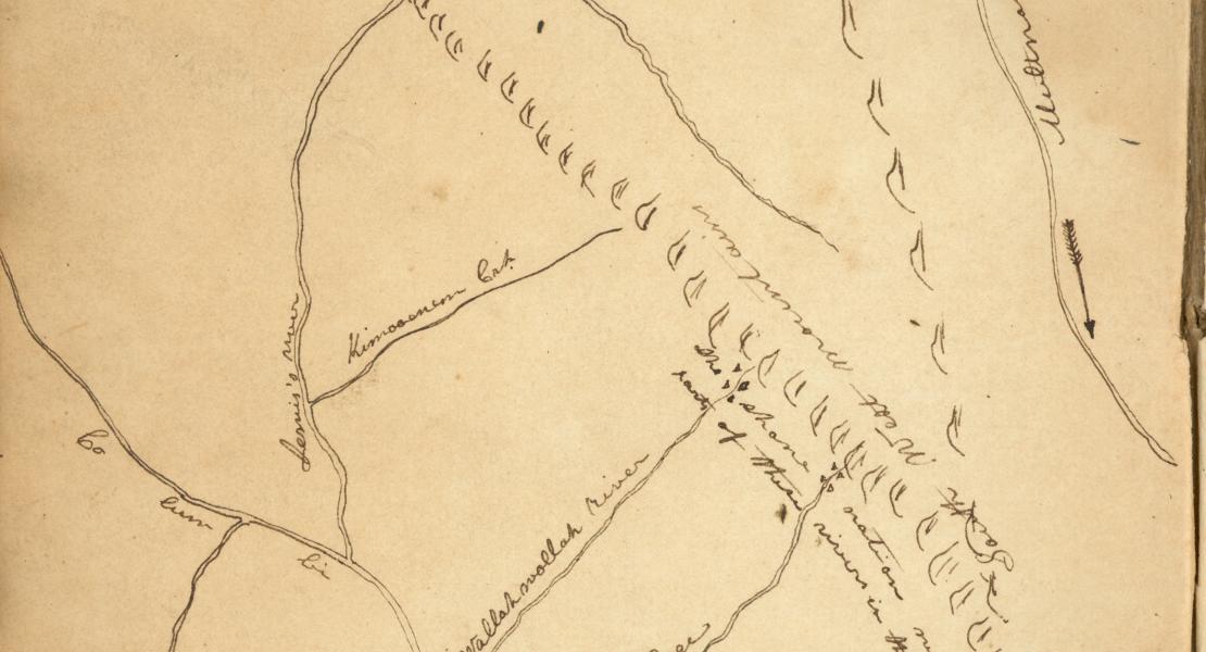 A map in the back of Meriwether Lewis’s astronomy notebook, sketched by Chief Yellept of the Walla Walla nation, whose village was on the Columbia River. [State Historical Society of Missouri, Meriwether Lewis Astronomy Notebook (1805), C1073]