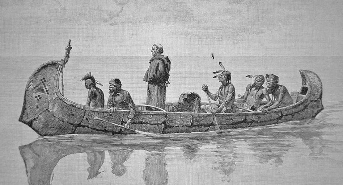 A late nineteenth-century illustration of French missionaries traveling with Native Americans. [Harper’s Monthly, April 1892]