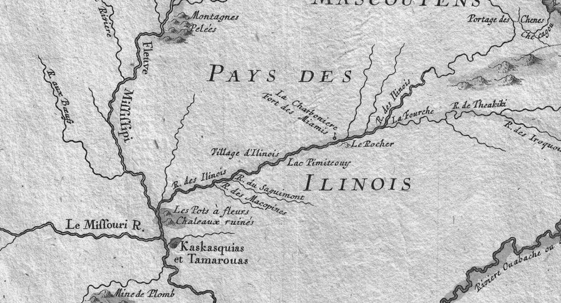 Detail from a 1755 map by Jacques Nicolas Bellin showing French settlement in the Illinois Country. [Wikimedia Commons]