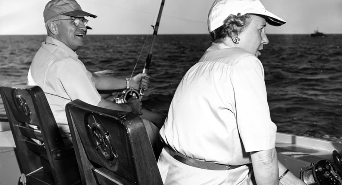 Harry and Bess Truman fishing in 1949. [Harry S. Truman Library and Museum, 66-8556]