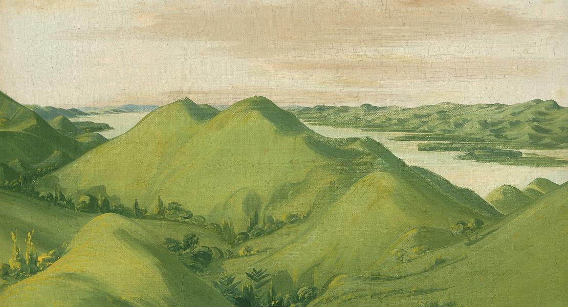 Beautiful Grassy Bluffs, 110 Miles above St. Louis, by George Catlin. The Corps of Discovery encountered a wide variety of natural landscapes on their trek to the Pacific coast, including rolling prairies, vast rivers, towering limestone bluffs, and rugged mountain ranges. [Smithsonian American Art Museum, SAAM-1985.66.373_1]