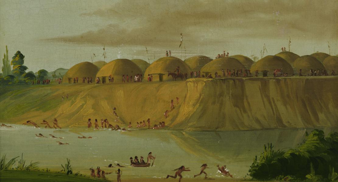 Hidatsa Village, Earth-covered Lodges, on the Knife River, 1810 Miles above St. Louis, by George Catlin. The Hidatsa were among the many Native American tribes that the corps made contact with during the expedition. [Smithsonian American Art Museum, SAAM-1985.66.383_1]