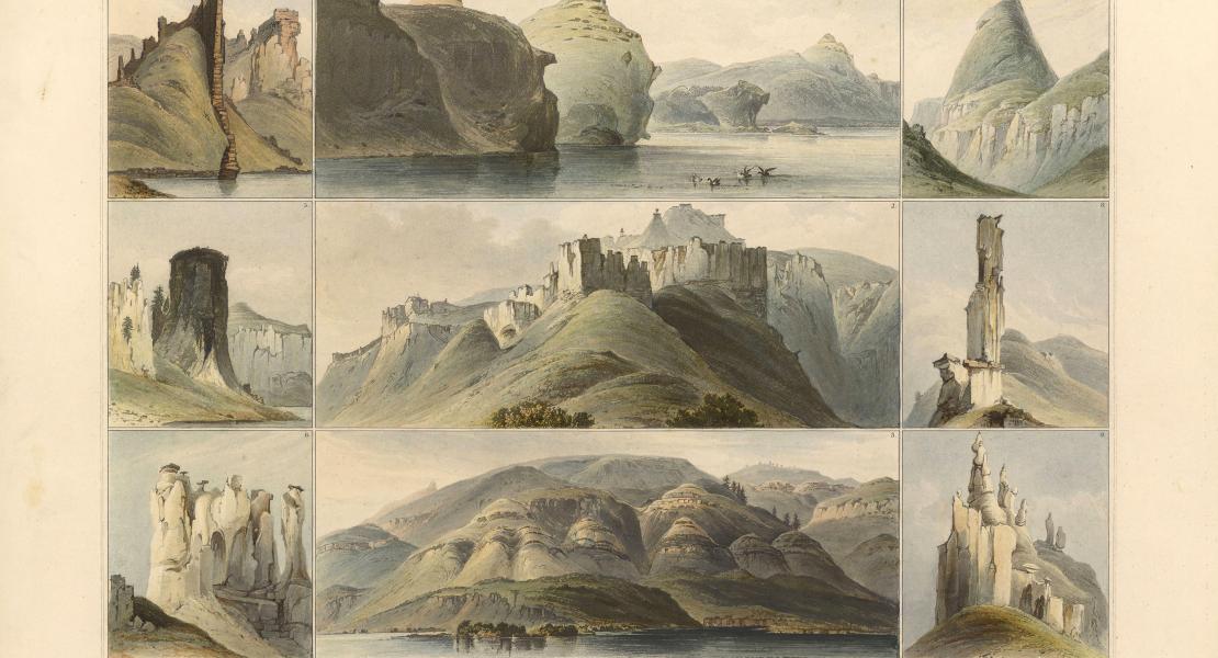 Karl Bodmer’s depictions of formations along the upper Missouri River, created during the artist’s western journey with the explorer Prince Maximilian of Wied from 1832 to 1834. [State Historical Society of Missouri Art Collection, 1958.0034c1]