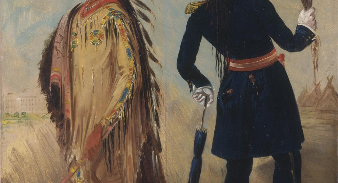 Ah-jon-jon, “The Light,” traveled to Washington in 1831 at the invitation of the federal government. Catlin’s painting shows the Assiniboine leader trading his native dress (at left) for European clothing and the corrupting influences of “civilization” such as the liquor bottle in his pocket.  [Smithsonian American Art Museum, 1985.66.474]