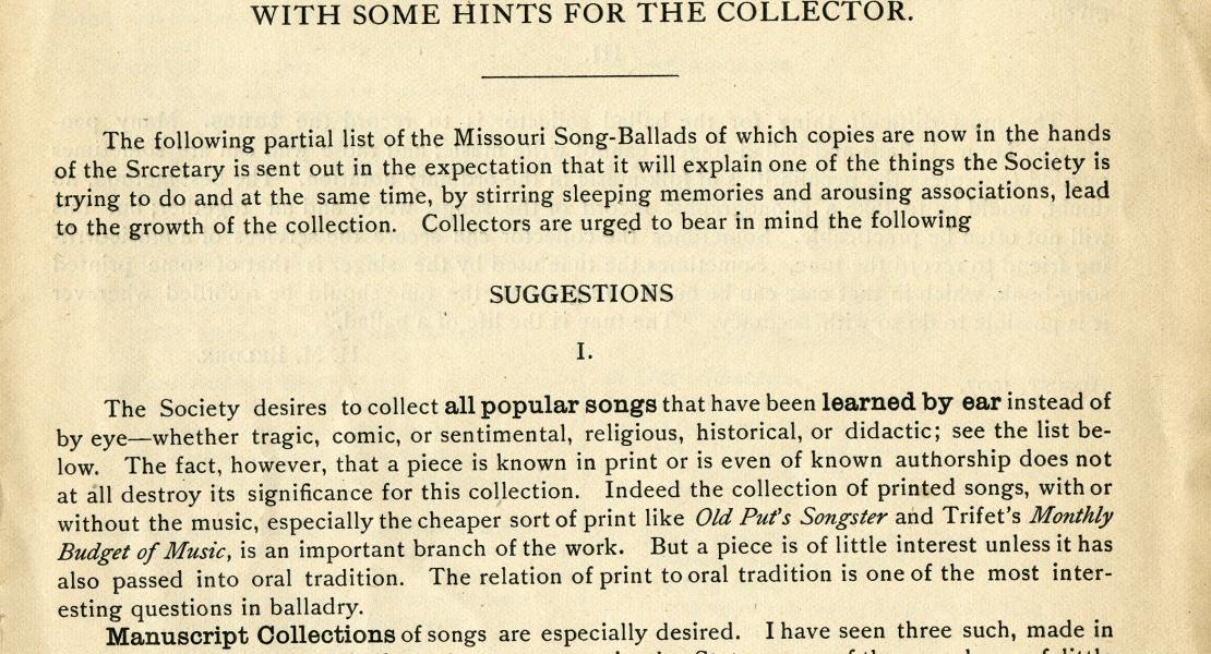 The first page of “A Partial List of Song-Ballads.” [State Historical Society of Missouri, Missouri Folklore Society Records, C2045, folder 341]
