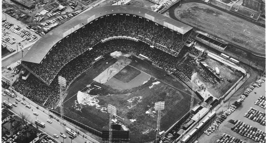 An aerial view of Municipal Stadium on Opening Day in 1955. [Kansas City Public Library, Missouri Valley Special Collections]