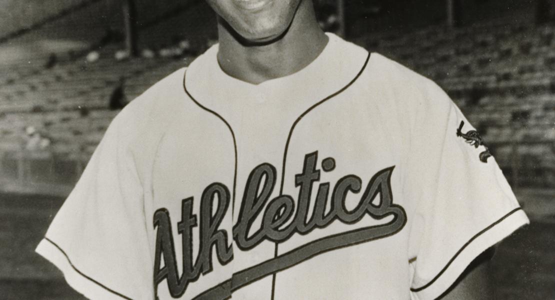 First baseman Vic Power, an American League All-Star while playing for the Athletics in 1955 and 1956. He was sent to Cleveland in 1958 as part of the trade that brought Roger Maris to Kansas City. [State Historical Society of Missouri, Raymond E. Corey Photograph Collection, K1311]