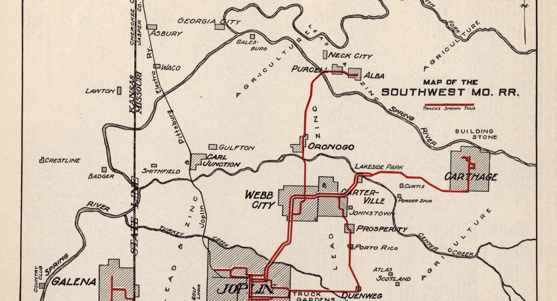This 1913 map from the McGraw Electric Railway Manual shows the Southwest Missouri Railroad’s streetcar lines in Jasper County, Missouri. [Courtesy of the Perry-Castañeda Library (PCL) Map Collection, University of Texas Libraries]
