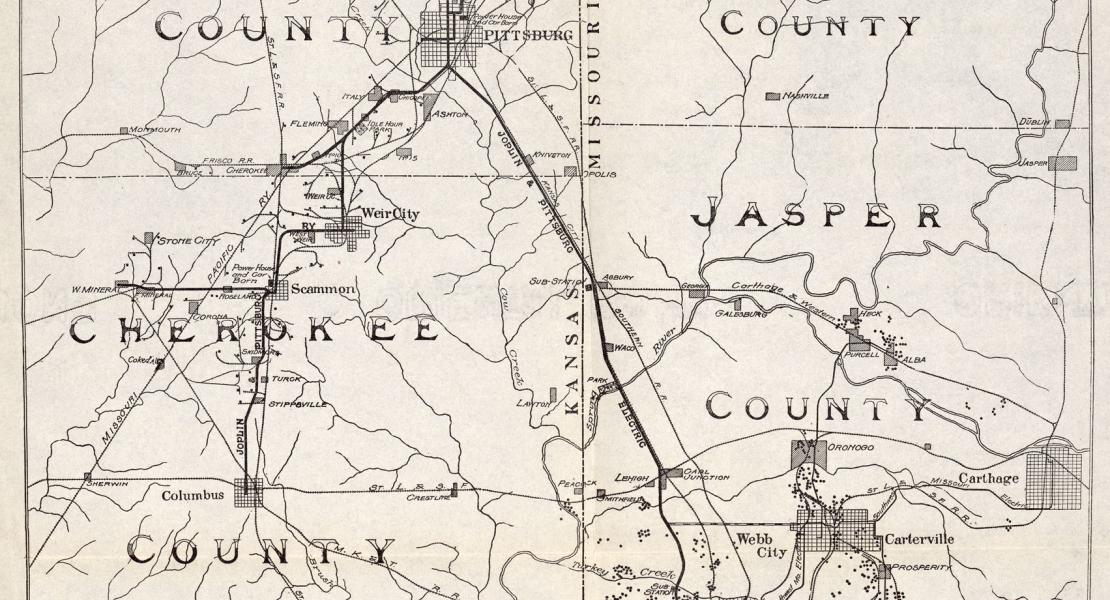 This map, while depicting the Joplin and Pittsburg Railway Company’s lines, provides an excellent overview of the various railroads and streetcar lines in the Tri-State Mining District. Residents from Missouri, Oklahoma, and Kansas could easily travel across the region, although the streetcar systems required more stops and route changes than a regular railroad. Among those shown are the Southwest Missouri Railroad, which is noted as “S.W. Mo. Electric.” [Courtesy of the Perry-Castañeda Library (PCL) Map Co