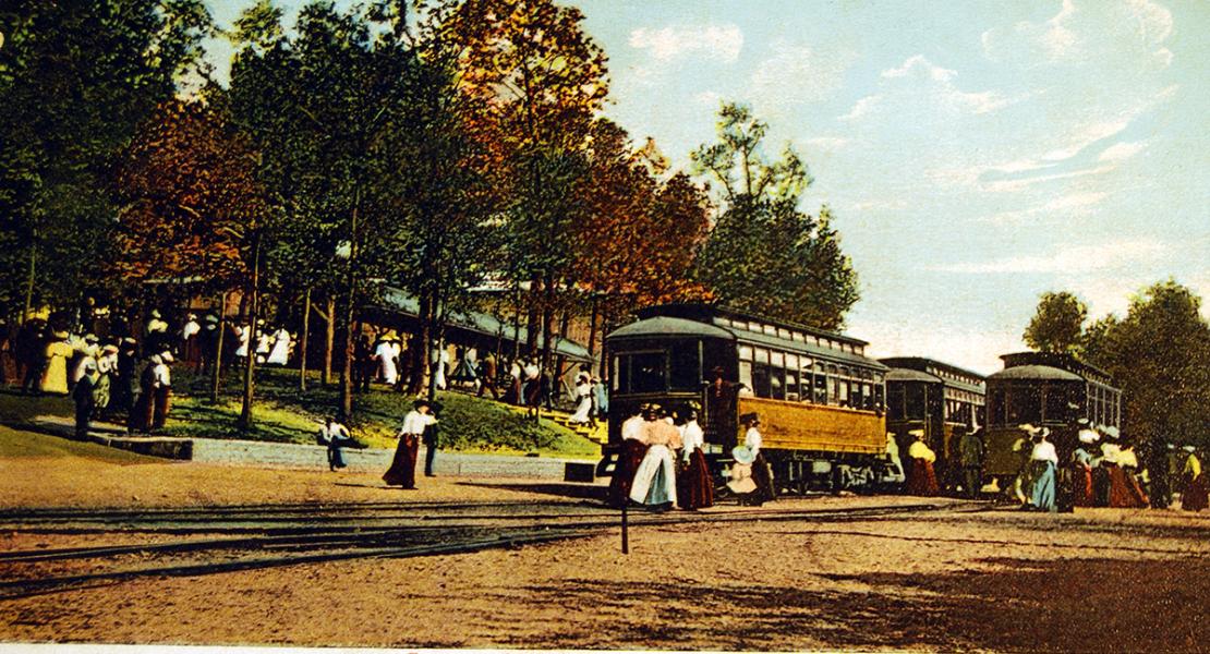 Southwest Missouri Railroad electric trolley cars delivered passengers to Lakeside Park. They did not have fans, toilets, or water coolers like other street railway cars of the era. [Courtesy of the Joplin Historical & Mineral Museum]