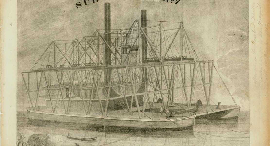 “Sub Marine No. 7 Eads and Nelson’s Steam Wreck Boat” is a steel engraving of Harp of a Thousand Strings, built in 1856 or 1857 by Eads and Nelson. [Missouri Historical Society, St. Louis, Photographs and Prints Collection, N13933]