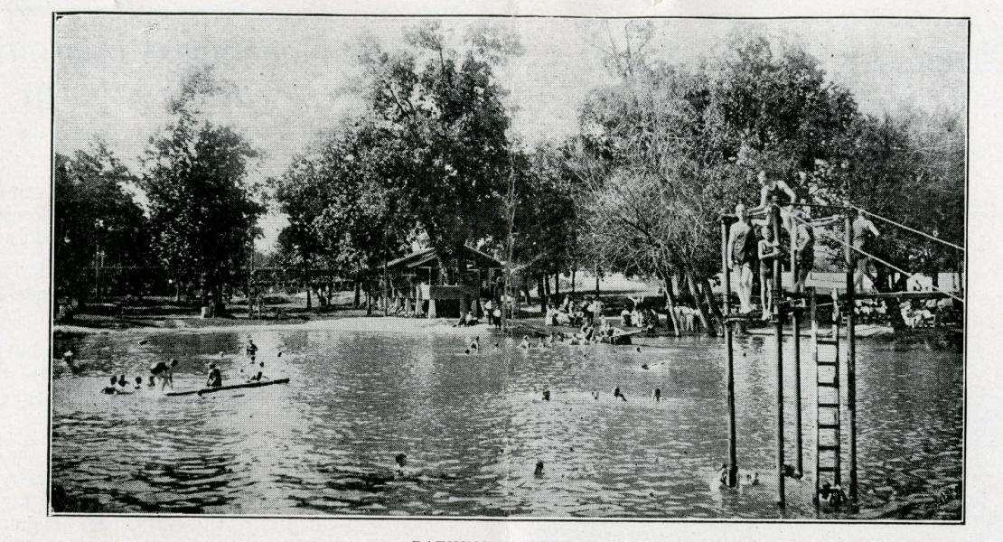 Swimmers at Lakeside Park could set out for an island in the middle of the lake, sometimes escorted by canoe or rowboat in the event of cramps. [State Historical Society of Missouri, Missouri Council of Defense Papers (C2797)]