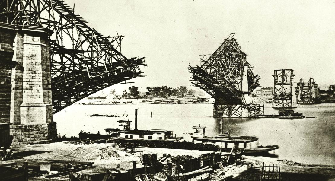 Eads Bridge under construction in 1873. [Missouri Historical Society, St. Louis, Photographs and Prints Collection, N13755]