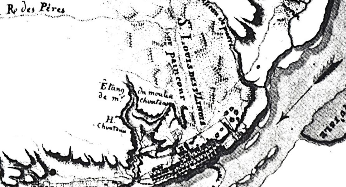 A detail from the Finiels map of the Mississippi River showing the area around St. Louis. The original is in the Archives de la Marine, Chateau, Vincennes, France. [Courtesy of Carl J. Ekberg]