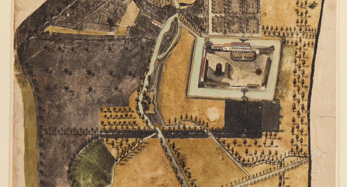 This watercolor rendering of “Plan de Luzieres” is thought to show the French ancestral home of Charles de Hault Delassus. [Missouri Historical Society, St. Louis, X08600]