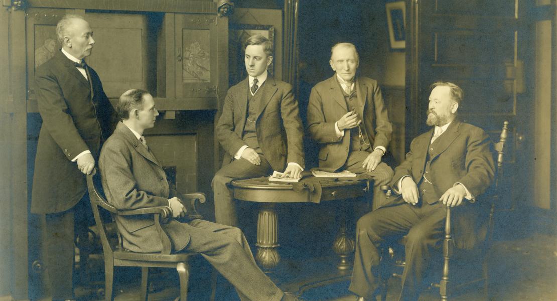 Founders of the St. Louis Zoological Society, 1910. Pictured, left to right: Otto Widmann, Professor J. F. Abbot of Washington University, shirt manufacturer Cortlandt Harris, herpetologist Julius Hurter, and taxidermist Frank Schwarz. [Missouri Historical Society, St. Louis, Photographs and Prints Collection, N21153]