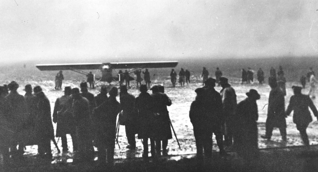 Charles Lindbergh landing at Lambert Field in 1932. [State Historical Society of Missouri, Charles Trefts Photographs, P0034-1640]