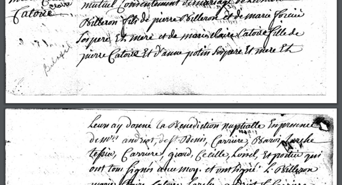 The marriage record of Marie-Claire Catoire and Léonard Billeron. Their signatures are at top left. [Archdiocese of New Orleans, St. Louis Cathedral: Marriage Records, 1720–1730, no. 46]