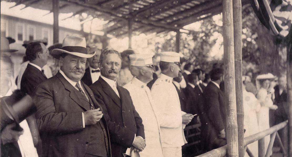David R. Francis (second from left) with William Howard Taft (left) at the Philippine Reservation, part of the Department of Anthropology, 1904 World’s Fair. [Missouri Historical Society, St. Louis, Photographs and Prints Collection, N20679]