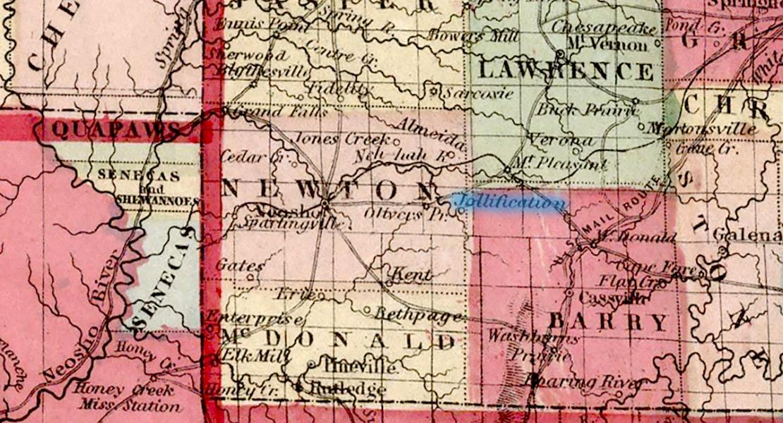 A detail from J. H. Colton’s Map of the Southern States (1864) that shows Jollification’s location in southwest Missouri. [Courtesy of the David Rumsey Map Collection, 4085.002]