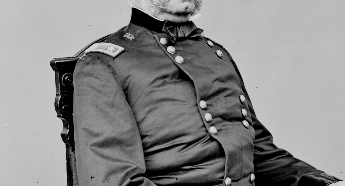 General Samuel R. Curtis, commander of the Army of the Border, arrived midway through the battle. Within days his army would drive the Confederates out of Missouri. [Library of Congress, Prints and Photographs Division, LC-DIG-cwpb-06211]