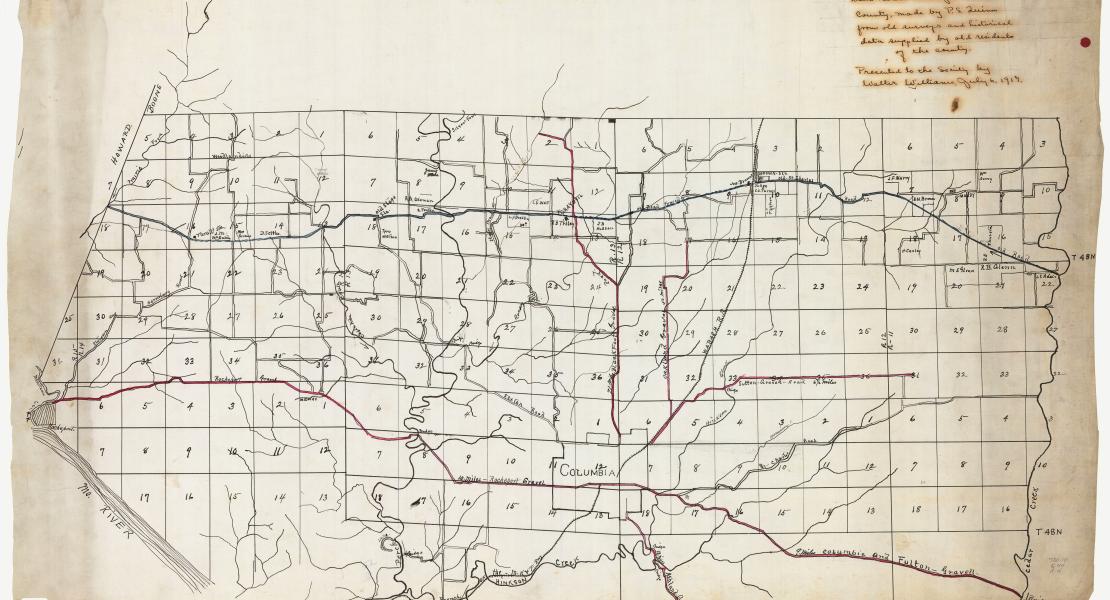 A map of the Boone’s Lick Road through Boone County based on research by J. S. Quinn and presented to the State Historical Society of Missouri in 1917. [State Historical Society of Missouri Map Collection, 750.10 Q44 n.d.]