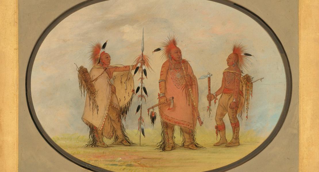 Osage Chief with Two Warriors, oil painting on card by George Catlin. [National Gallery of Art, Paul Mellon Collection, 1965.16.68]