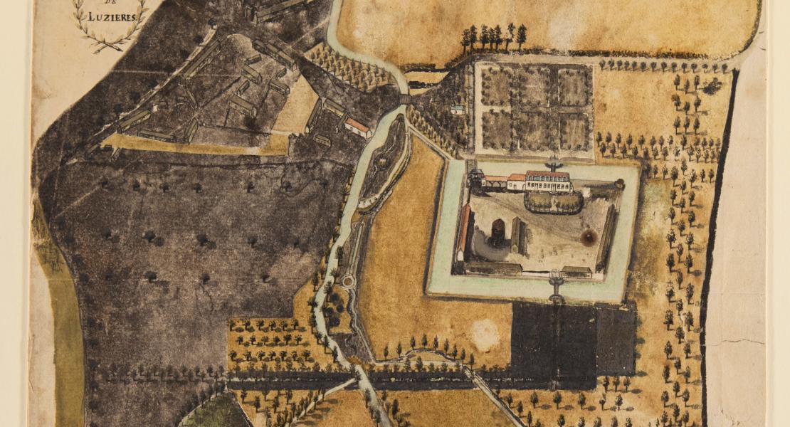 This watercolor rendering of “Plan de Luzieres” is thought to show the French ancestral home of Pierre-Charles Delassus de Luzières. [Missouri Historical Society, St. Louis, X08600]