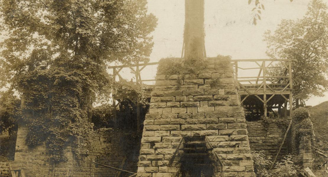 Ruins of the Maramec Iron Works. [State Historical Society of Missouri, John F. Bradbury Postcard Collection, R1551]