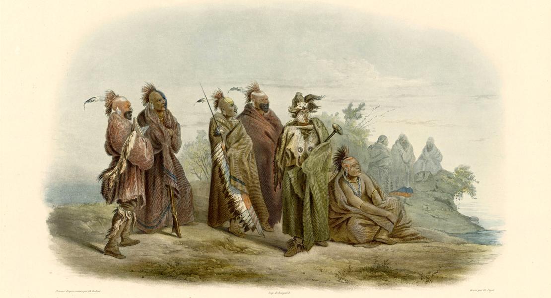 Saukie and Fox on the St. Louis waterfront by Karl Bodmer, 1834. [State Historical Society of Missouri Art Collection, 1958.0010c2]