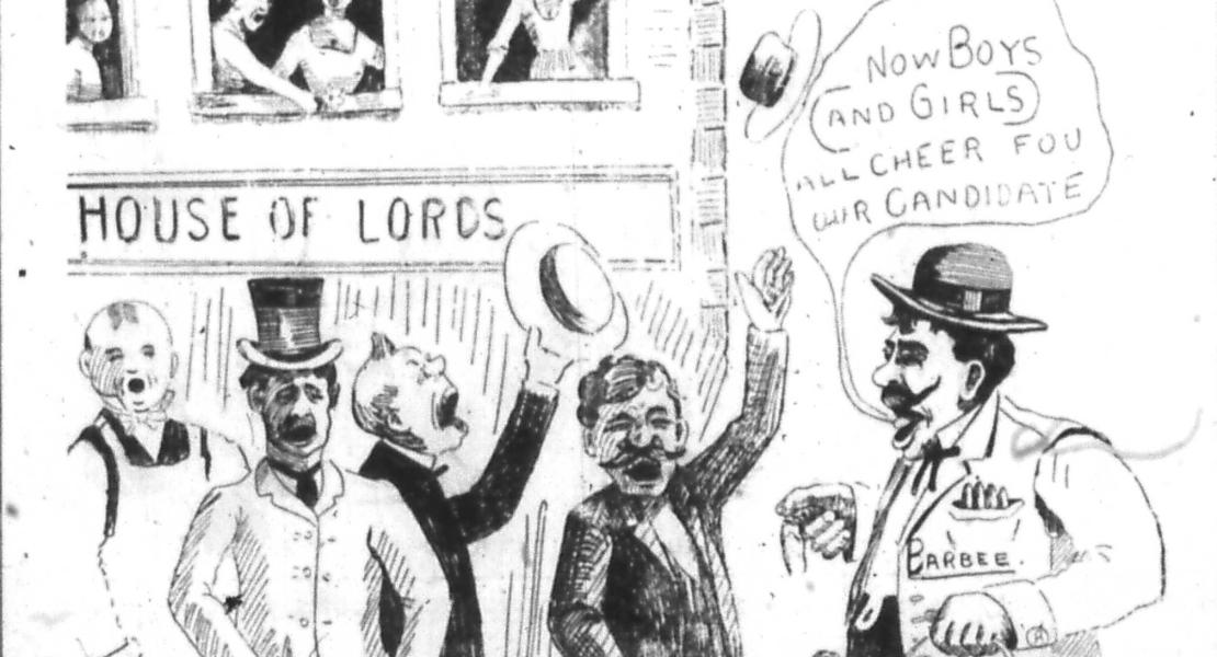 A political cartoon depicting Gilbert Barbee out for a walk with a state senate candidate past crooked cronies on the sidewalk while prostitutes look on from the second and third floors of Barbee’s House of Lords building in Joplin. The man at center right with his hand raised is “Fake Footracer” Robert Boatright. [Carthage Evening Press, November 3, 1902]