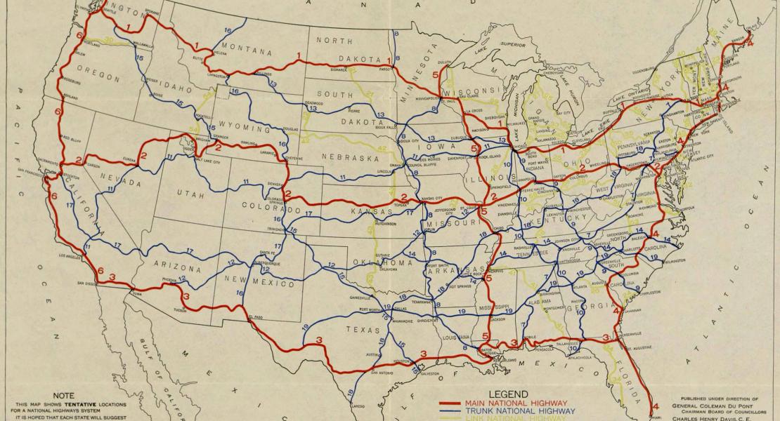 A system of national roads proposed by the National Highways Association in 1913. The highways for Missouri included roads roughly corresponding with eventual Interstates 70, 55, 44, and 29. [State Historical Society of Missouri Map Collection, 800 N213 1913]