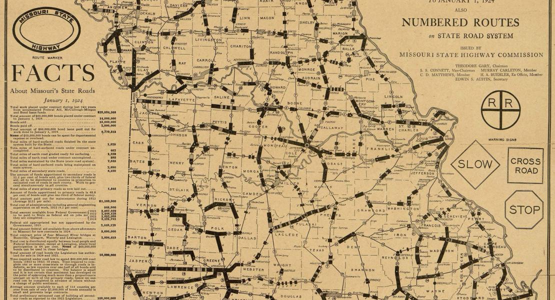 A Missouri State Highway Commission map showing progress on the state’s road system to January 1, 1924. [State Historical Society of Missouri Map Collection, 850 M691hm 1924]