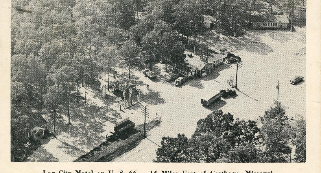 An aerial view of Log City. [State Historical Society of Missouri, John F. Bradbury Jr. Postcard Collection, R1551]