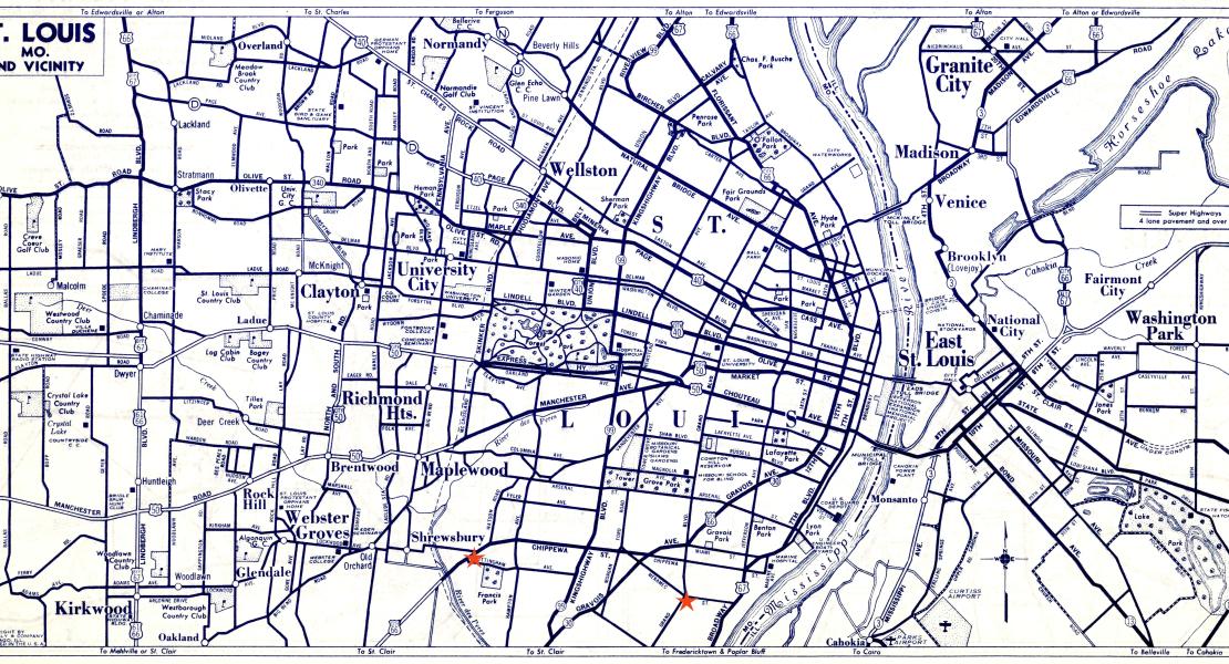 A map from the 1940s with the locations of the Ted Drewes stands on Chippewa/Watson and South Grand indicated by red stars. [David Rumsey Historical Map Collection, Stanford University Library, 5969.067, map by Rand McNally and Co.]