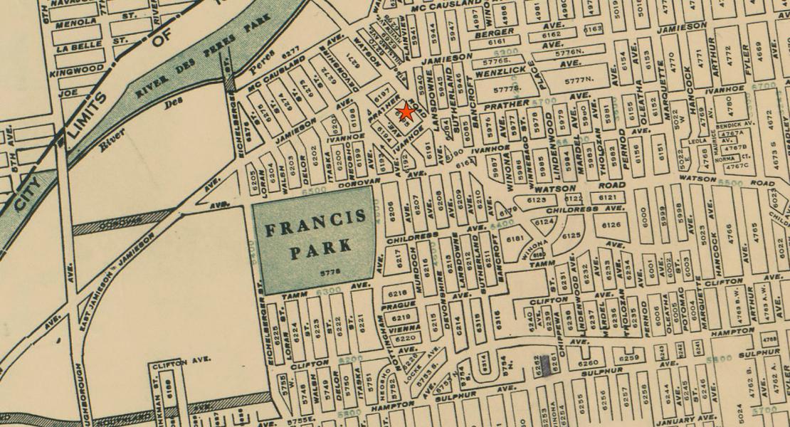 A 1941 map detail of the area around the Ted Drewes stand on Route 66, also showing the street grid for the St. Louis Hills neighborhood. The map is oriented so that west rather than north is at the top. [St. Louis Public Library Digital Collections, D00073.tif]