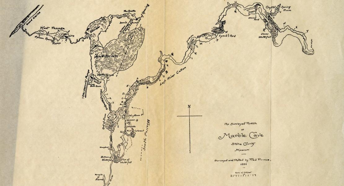 This map of Marble Cave (now Marvel Cave) in Stone County, Missouri, appeared in Cave Regions of the Ozarks and Black Hills. [State Historical Society of Missouri Reference Collection]