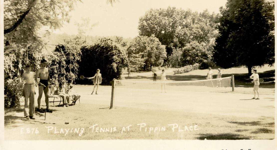 Tennis was one of several leisurely pursuits that Pippin Place guests enjoyed. [State Historical Society of Missouri, John F. Bradbury Jr. Postcard Collection, R1551]