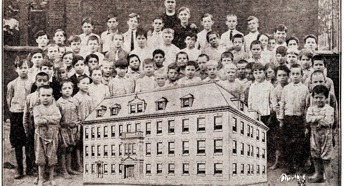 Father Dunne with boys from the Newsboys' Home. [Rev. J. W. Gormley, History of Father Dunne’s News Boys Home and Protectorate]